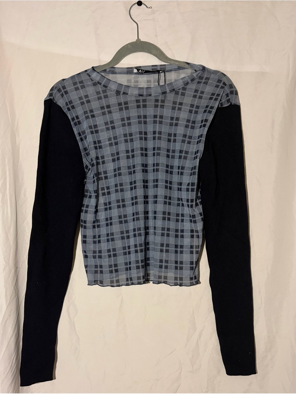 Zara Crop Top Mixed Mesh Plaid Shirt With Solid Ribbed Knit Sleeves